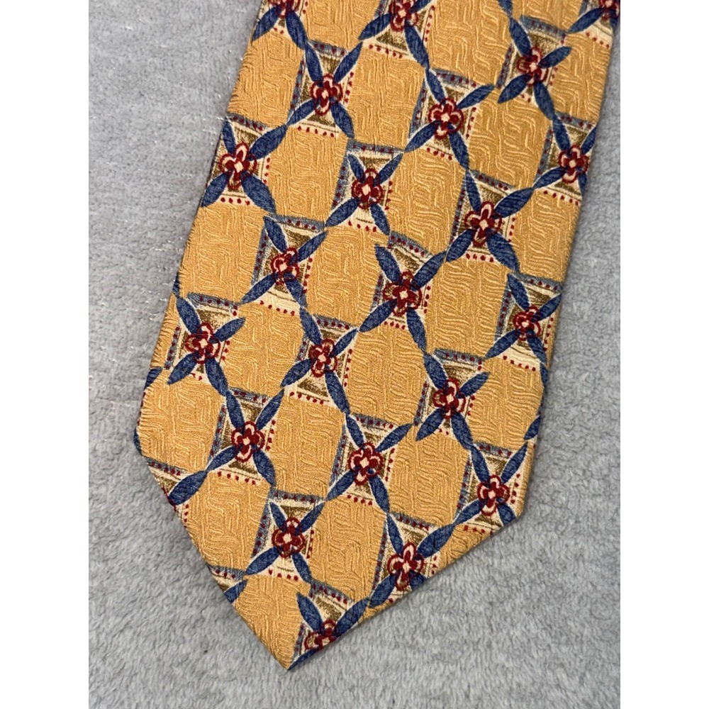 Jos A Bank Premier Collection Silk Tie Gold Navy Blue Geometric Lattice USA Made